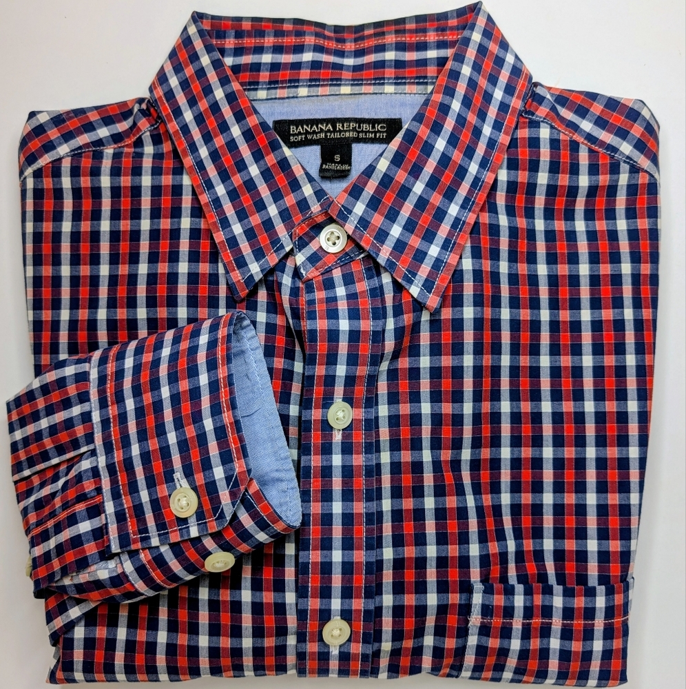 Banana Republic Red and Blue Plaid Men's Shirt Soft Wash Tailored Slim Fit